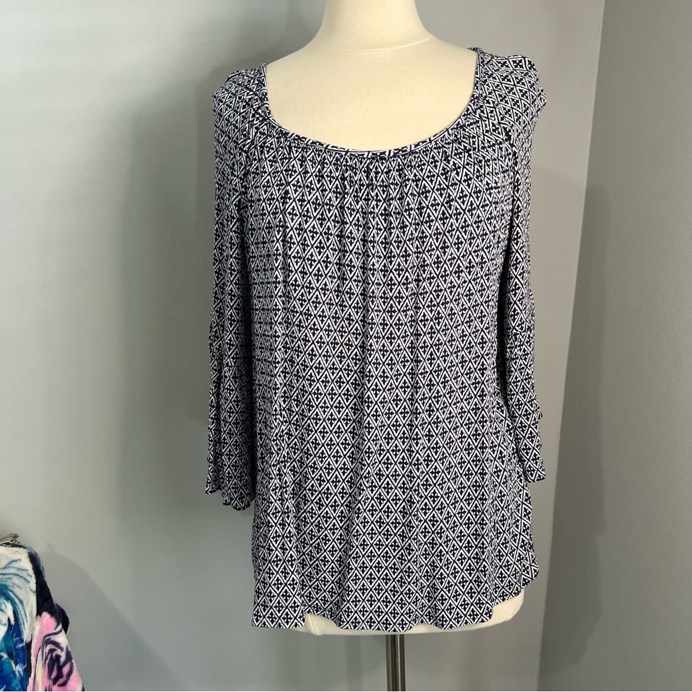 Talbots Woman Size X Navy & White Crinkle Gauze Boho Peasant Top w/ Bell Sleeves